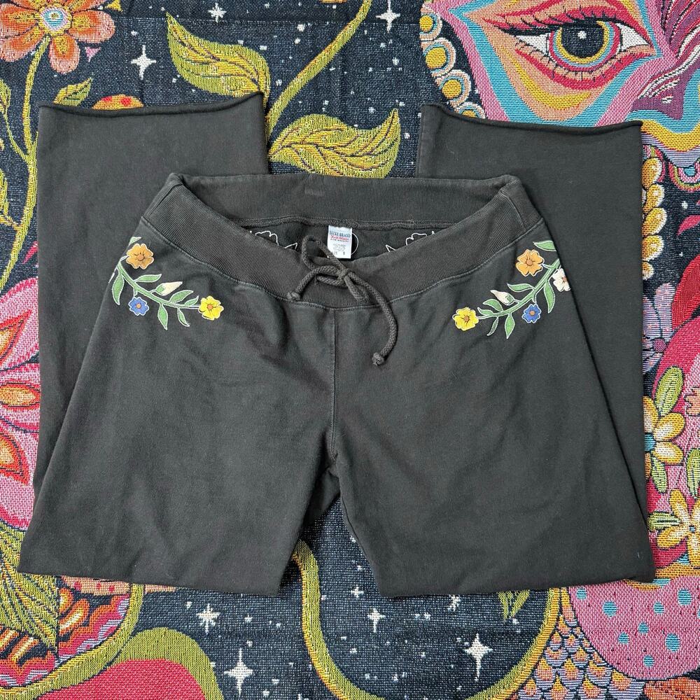 Y2k Lucky Brand Embroidered Floral Low Rise Wide Leg Crop Sweatpants Boho S M - Picture 2 of 6